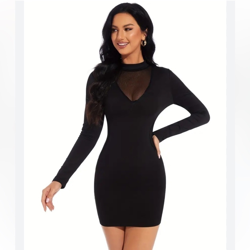 Solid Black Round Neck Long Sleeve Dress, Sexy Stretchy Bodycon Party Dress​​